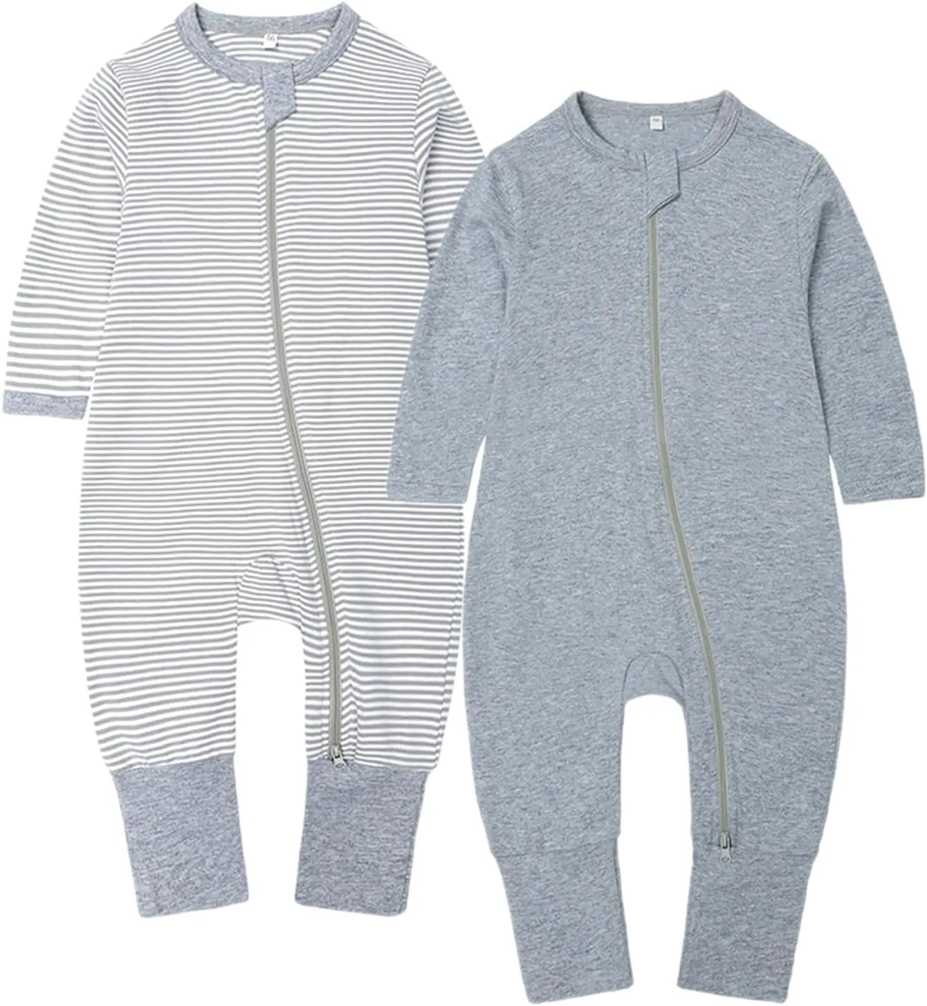BeiVSlley 2-Pack Baby Cotton Romper Onesies Long Sleeve Zipper Jumpsuit Solid Outfit 3-24M (Boy/Girl)