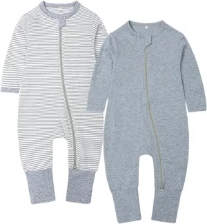 BeiVSlley 2-Pack Baby Cotton Romper Onesies Long Sleeve Zipper Jumpsuit Solid Outfit 3-24M (Boy/Girl)