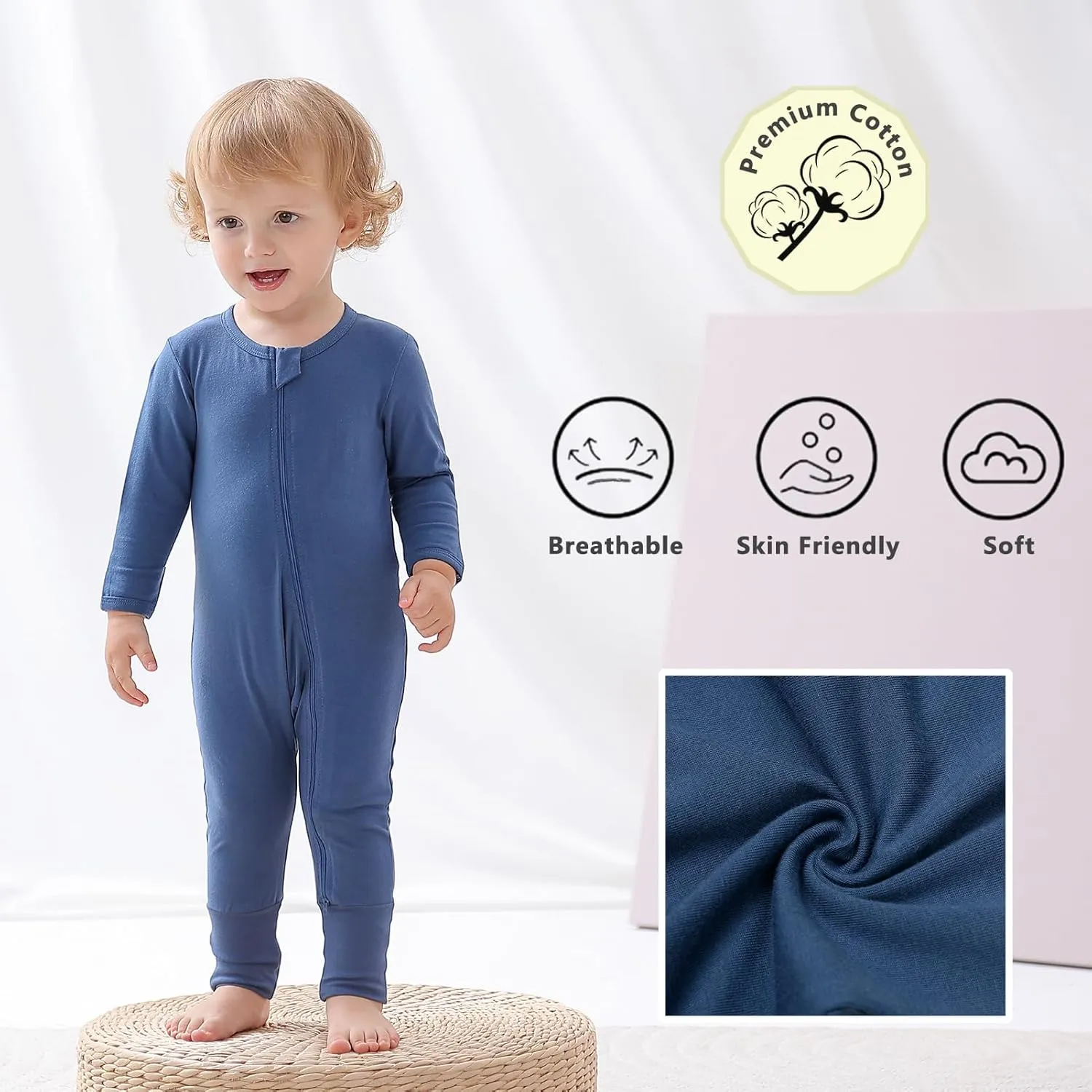 BeiVSlley 2-Pack Baby Cotton Romper Onesies Long Sleeve Zipper Jumpsuit Solid Outfit 3-24M (Boy/Girl)