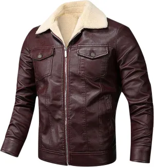 Black Leather Jacket Men Motorcycle Winter Warm Lapel Sherpa Lined Zip-Up Slim Fit Biker Coat Bomber Jackets Outwear