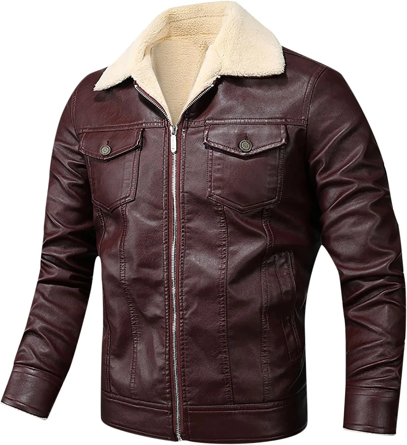 Black Leather Jacket Men Motorcycle Winter Warm Lapel Sherpa Lined Zip-Up Slim Fit Biker Coat Bomber Jackets Outwear