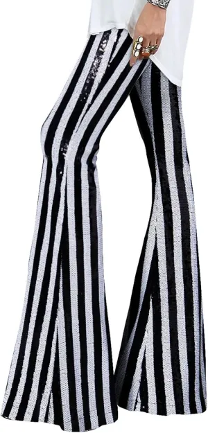 BLENCOT Women's Glitter Sequin Wide Leg Palazzo Pants High Waist Bell Bottoms Party Flared Trousers