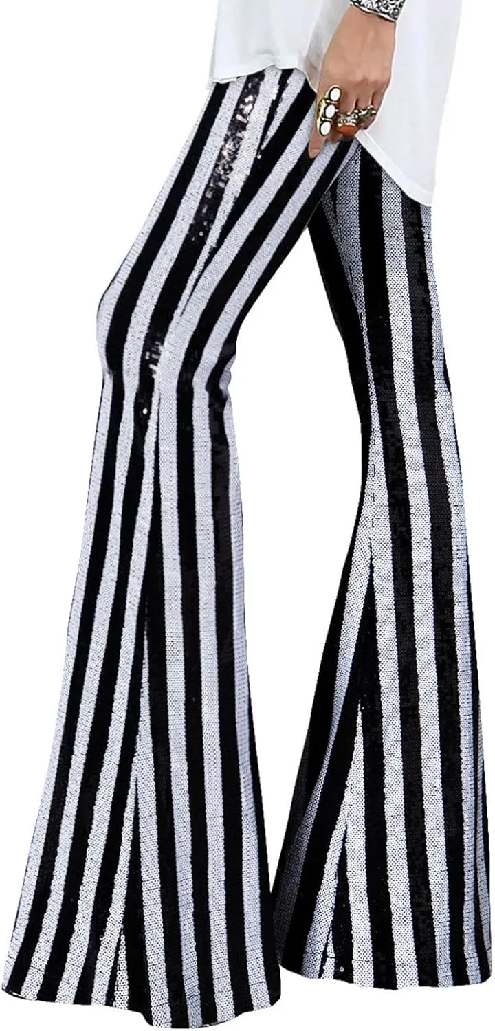 BLENCOT Women's Glitter Sequin Wide Leg Palazzo Pants High Waist Bell Bottoms Party Flared Trousers