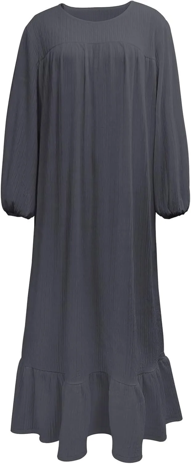 Boho Dresses for Women 2025 Classic Flowy Puff Long Sleeve Crew Neck Pleated Ruffle Hem Tshirt Dress Prom Travel Sundresses