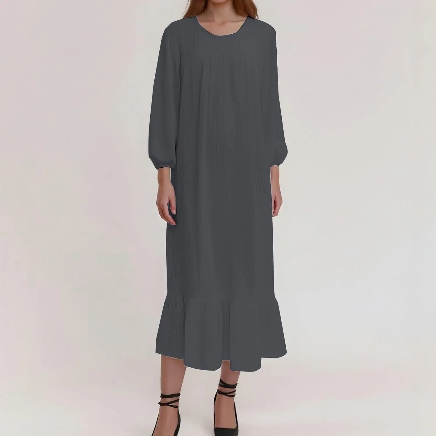 Boho Dresses for Women 2025 Classic Flowy Puff Long Sleeve Crew Neck Pleated Ruffle Hem Tshirt Dress Prom Travel Sundresses
