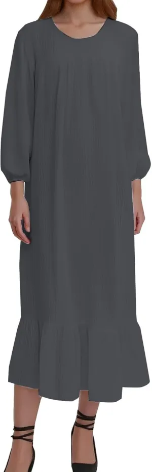 Boho Dresses for Women 2025 Classic Flowy Puff Long Sleeve Crew Neck Pleated Ruffle Hem Tshirt Dress Prom Travel Sundresses