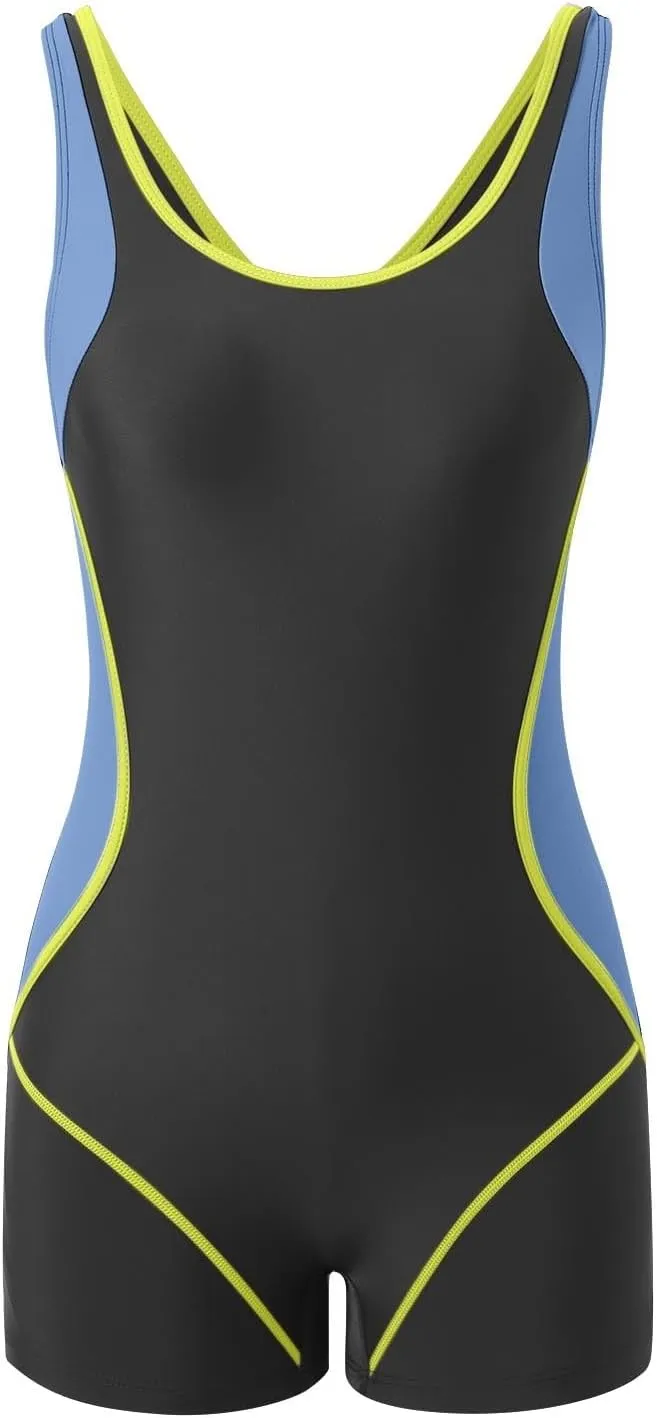 Boyleg Swimsuits for Women Athletic Backless Tummy Control One Piece Bathing Suit Color Block Crisscross Backless Swim