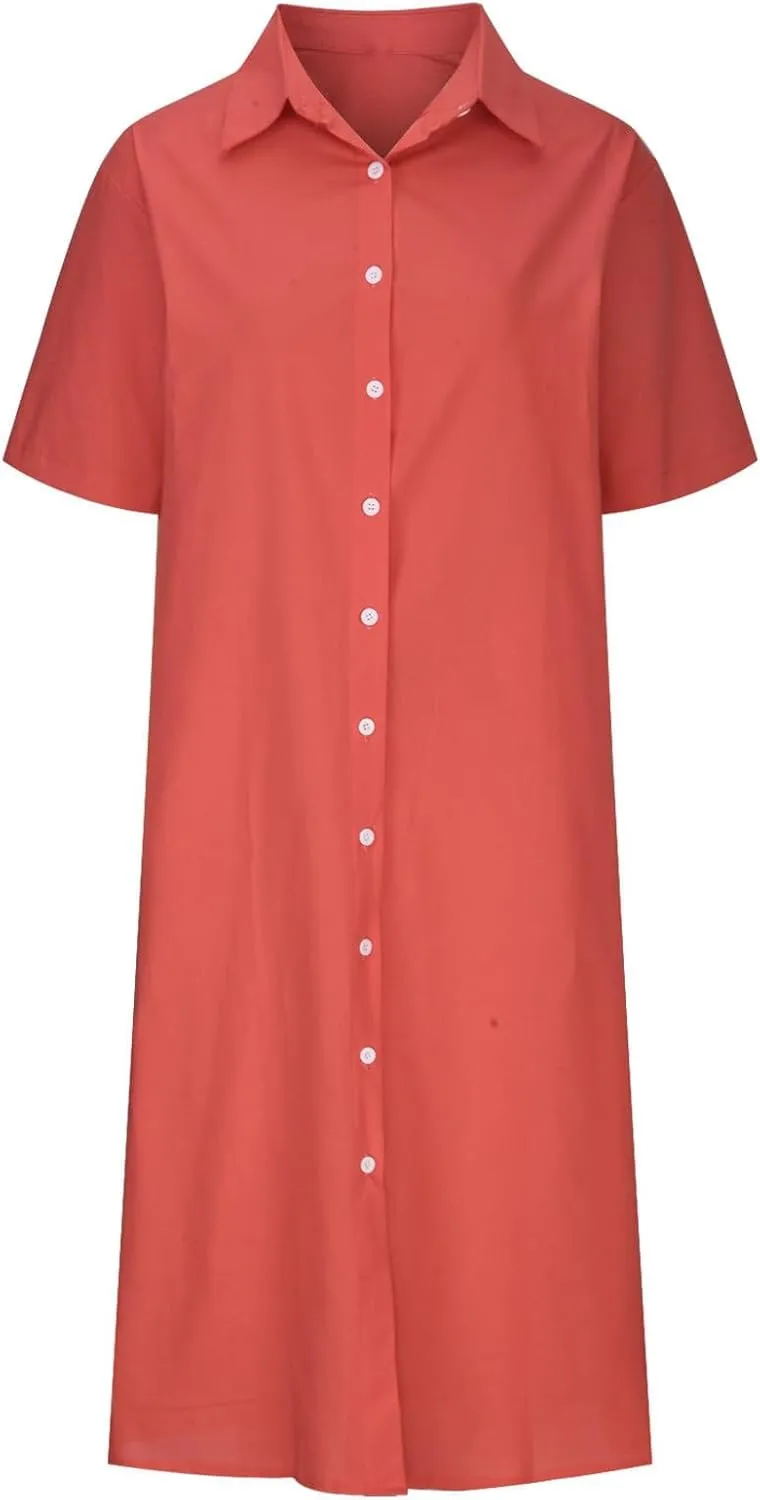 Button Down Dress for Women Cotton Linen Long T Shirt Dresses Casual Short Sleeve Midi Sundress Summer Beach Coverups