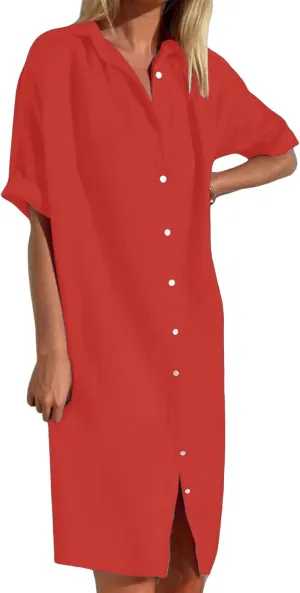 Button Down Dress for Women Cotton Linen Long T Shirt Dresses Casual Short Sleeve Midi Sundress Summer Beach Coverups