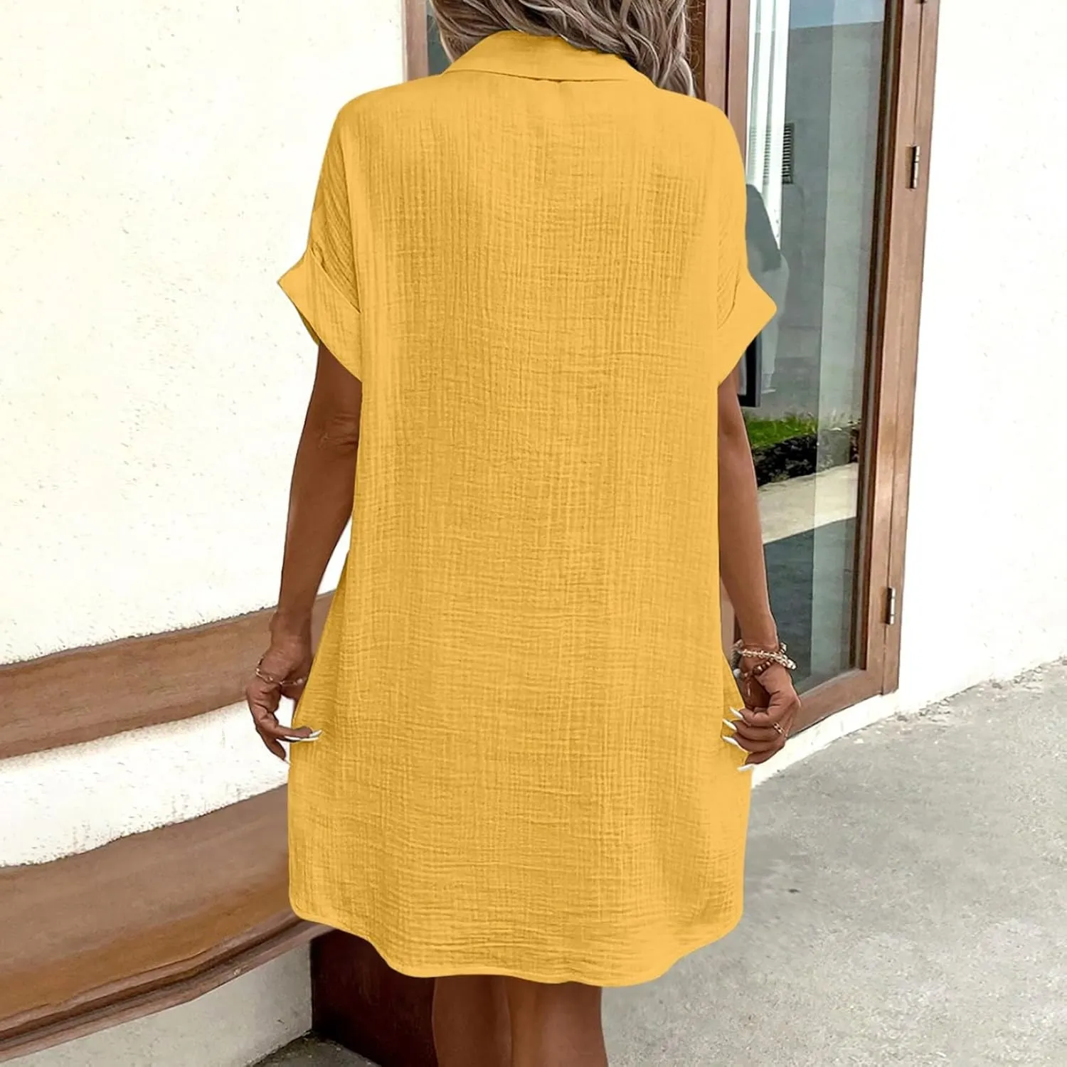 Button Down Shirt Dresses for Women 2025 Casual V-Neck Short Sleeve Dress with Pockets Cover Up Loose Tunic Dresses