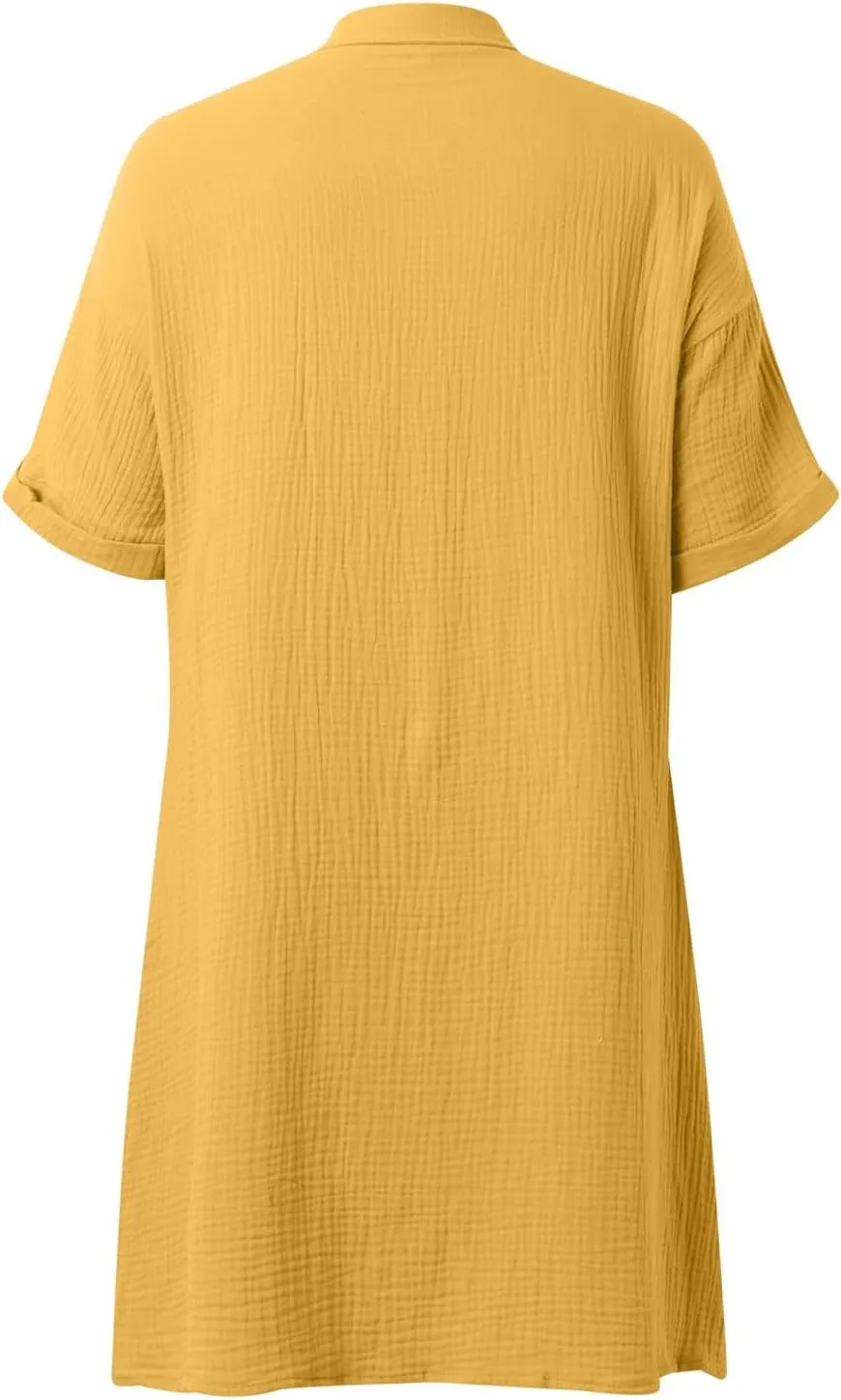 Button Down Shirt Dresses for Women 2025 Casual V-Neck Short Sleeve Dress with Pockets Cover Up Loose Tunic Dresses