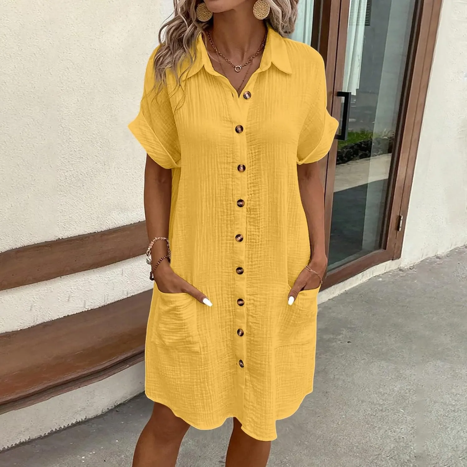 Button Down Shirt Dresses for Women 2025 Casual V-Neck Short Sleeve Dress with Pockets Cover Up Loose Tunic Dresses