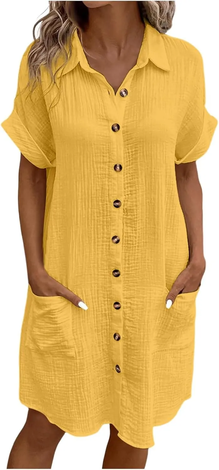 Button Down Shirt Dresses for Women 2025 Casual V-Neck Short Sleeve Dress with Pockets Cover Up Loose Tunic Dresses