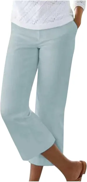 Capri Pants for Women Dressy Casual Stretch Summer 3/4 Length Trousers Wide Leg Cotton Linen Petite Cropped Pants
