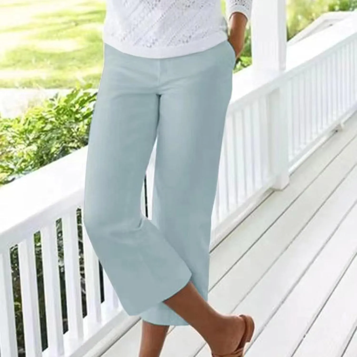Capri Pants for Women Dressy Casual Stretch Summer 3/4 Length Trousers Wide Leg Cotton Linen Petite Cropped Pants