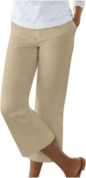 Capri Pants for Women Dressy Casual Stretch Summer 3/4 Length Trousers Wide Leg Cotton Linen Petite Cropped Pants