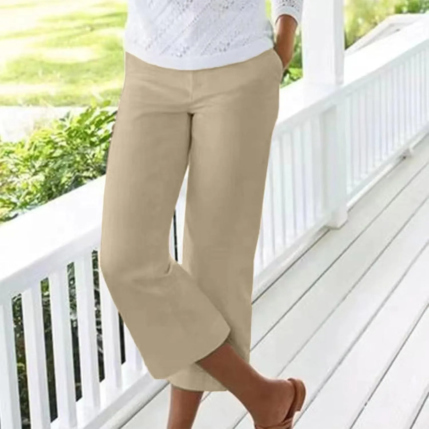 Capri Pants for Women Dressy Casual Stretch Summer 3/4 Length Trousers Wide Leg Cotton Linen Petite Cropped Pants