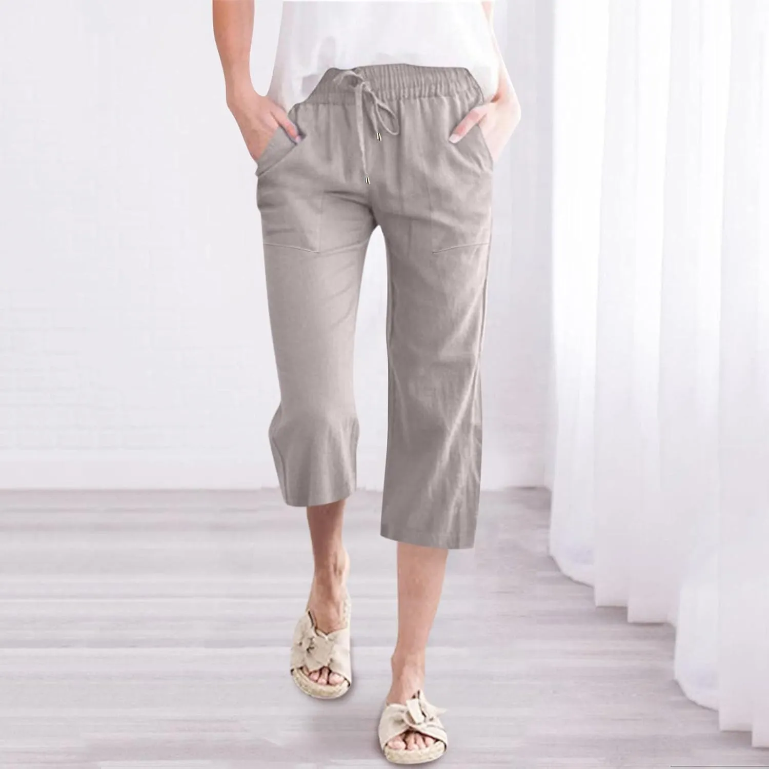 Capri Pants for Women Linen Casual Summer Straight Leg Loose Elastic High Waist Cropped Trouser Beach Pants