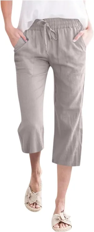 Capri Pants for Women Linen Casual Summer Straight Leg Loose Elastic High Waist Cropped Trouser Beach Pants