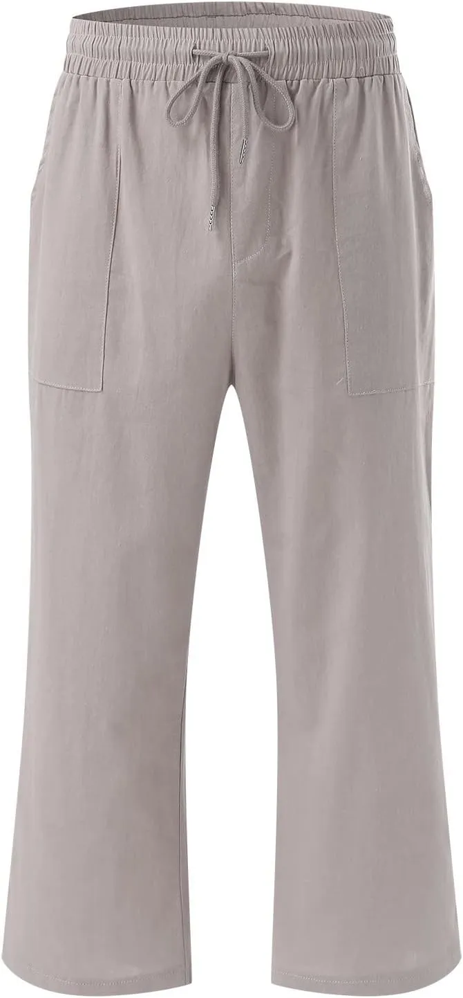 Capri Pants for Women Linen Casual Summer Straight Leg Loose Elastic High Waist Cropped Trouser Beach Pants