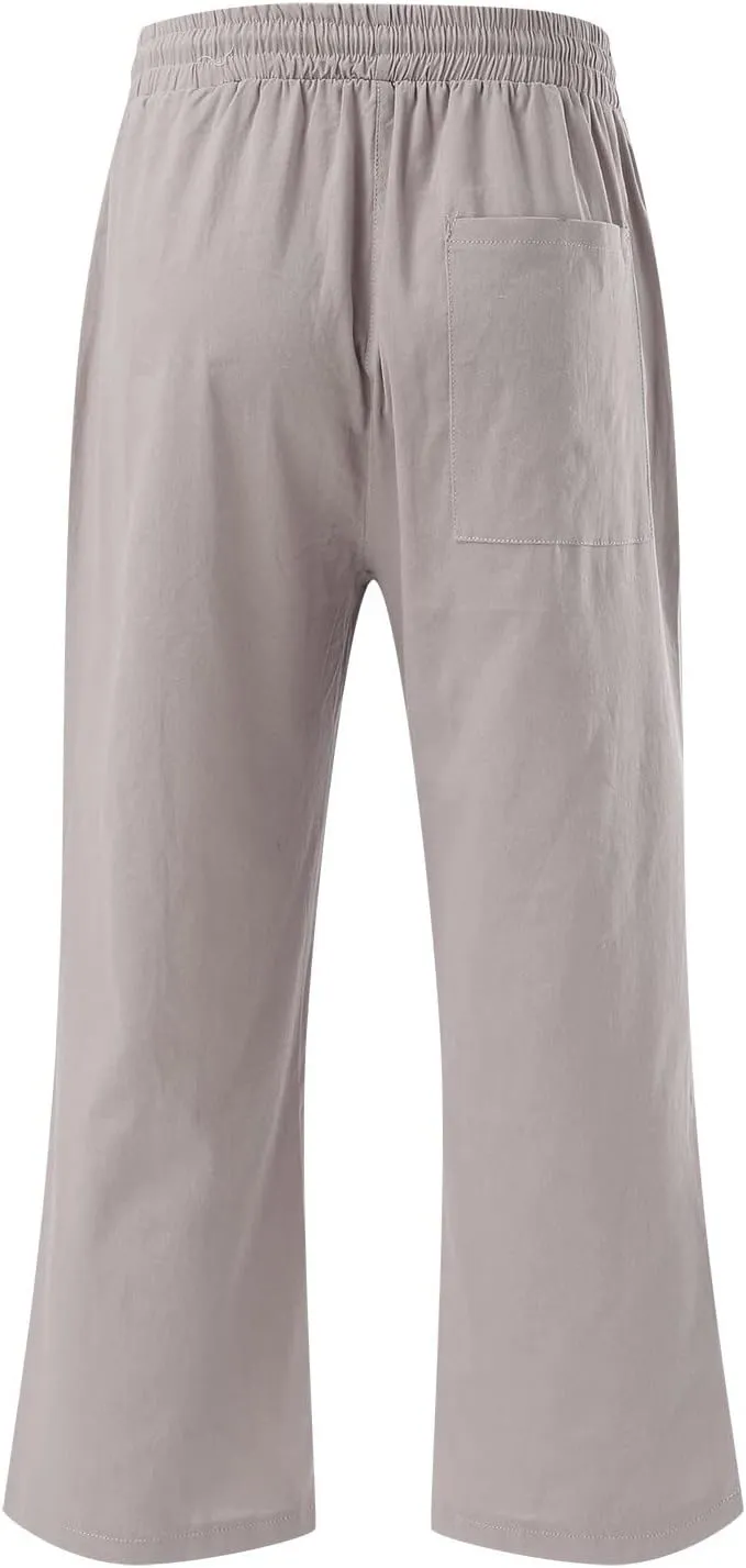 Capri Pants for Women Linen Casual Summer Straight Leg Loose Elastic High Waist Cropped Trouser Beach Pants