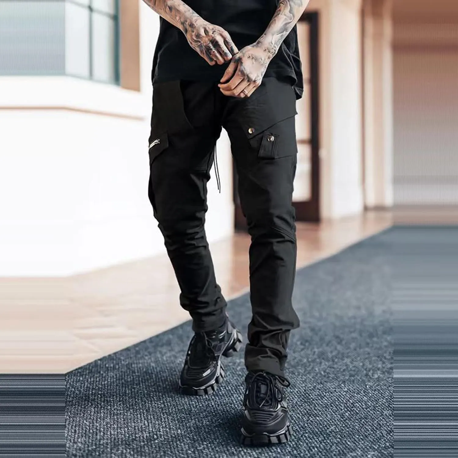 Cargo Pants for Men Relaxed Fit Mens Tapered Joggers Men's Flap Pocket Drawstring Elastic Waist Letter Graphic Street