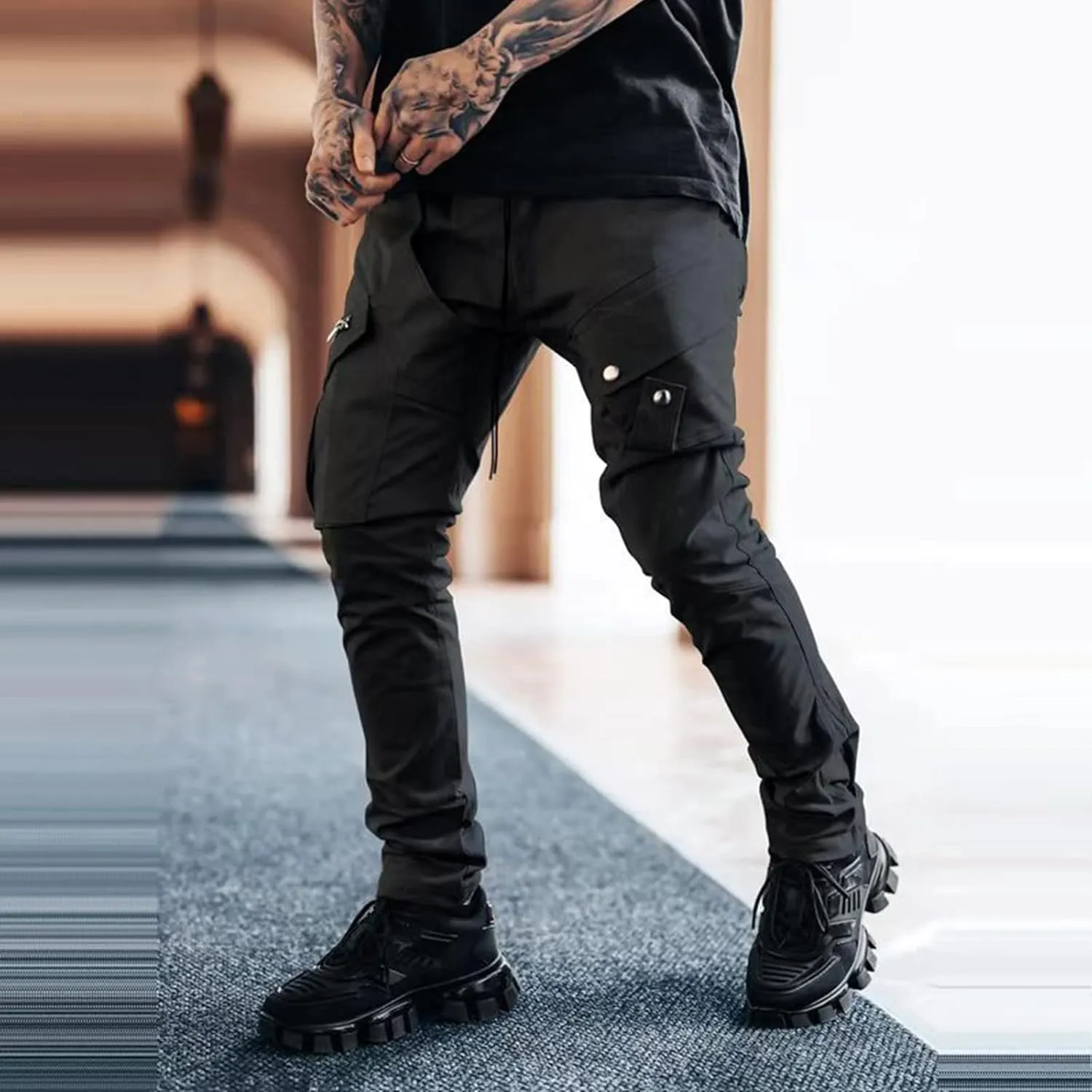 Cargo Pants for Men Relaxed Fit Mens Tapered Joggers Men's Flap Pocket Drawstring Elastic Waist Letter Graphic Street