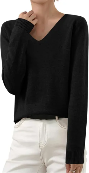Cashmere Sweaters for Women Long Sleeve V Neck Pullover Tops Loose Soft Cozy Sweater Warm Wool Knit Sweater Shirts