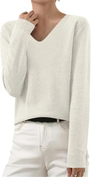Cashmere Sweaters for Women Long Sleeve V Neck Pullover Tops Loose Soft Cozy Sweater Warm Wool Knit Sweater Shirts