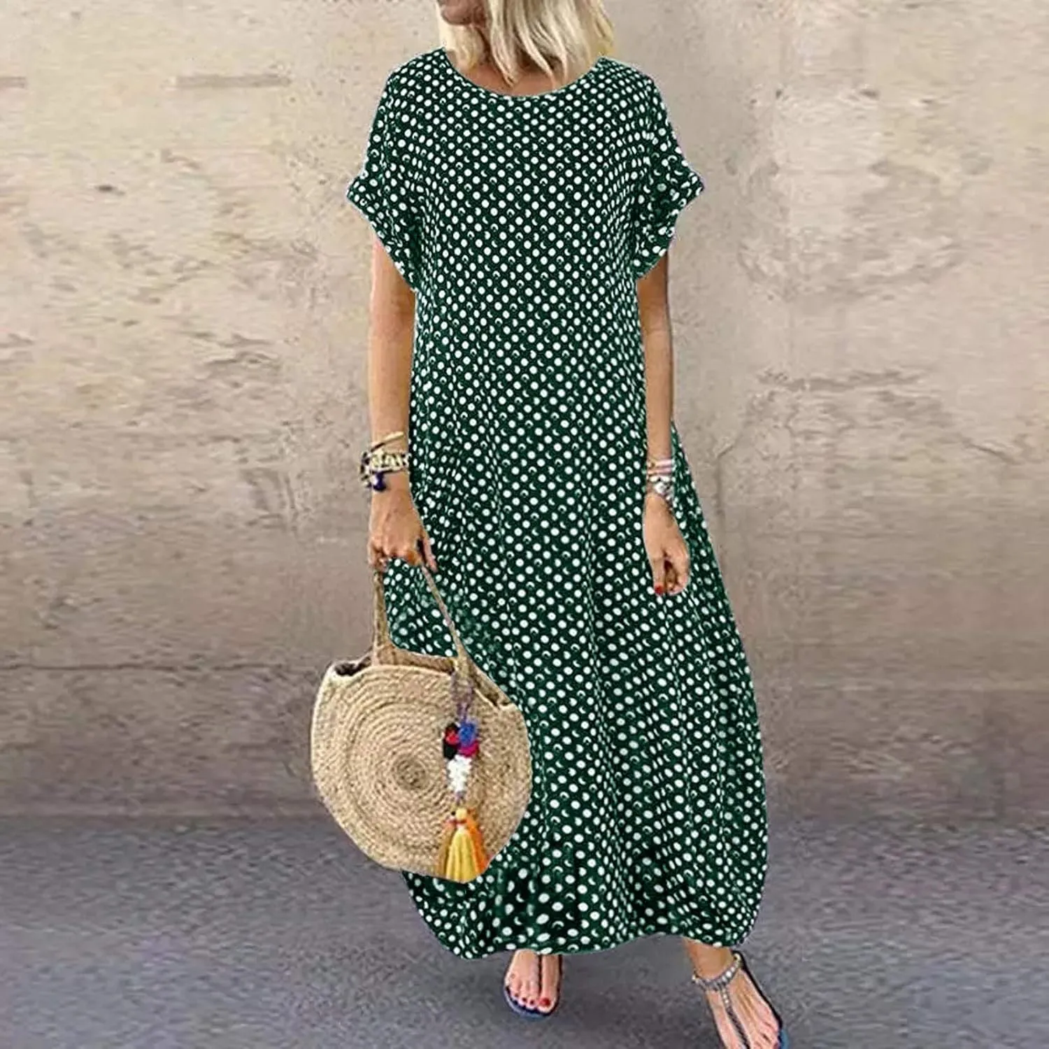 Casual Summer Boho Dress Sleeveless V Neck Loose Flowy Beach Maxi Sundress with Pockets Tiered Ruffle Elastic Waist