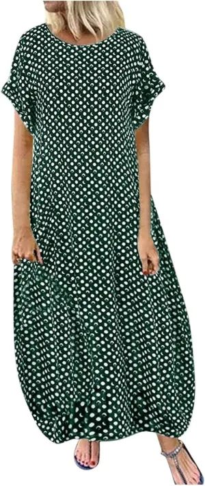Casual Summer Boho Dress Sleeveless V Neck Loose Flowy Beach Maxi Sundress with Pockets Tiered Ruffle Elastic Waist