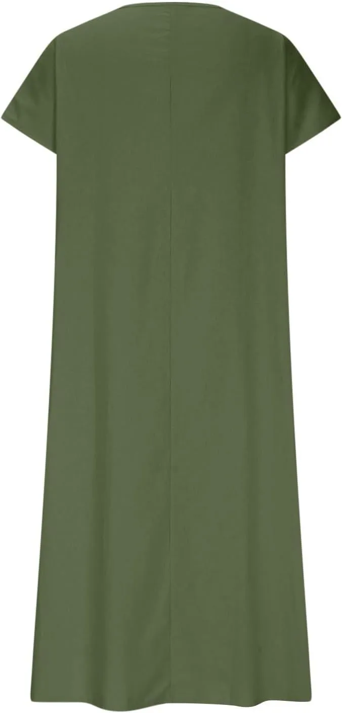 Casual Summer Dresses for Women 2025 V Neck Short Sleeve Solid Cotton Linen Dress