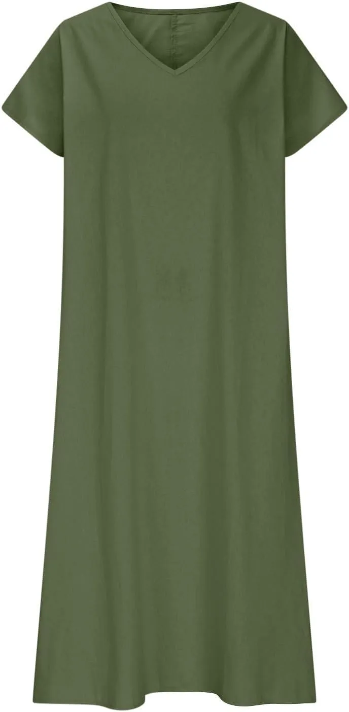 Casual Summer Dresses for Women 2025 V Neck Short Sleeve Solid Cotton Linen Dress