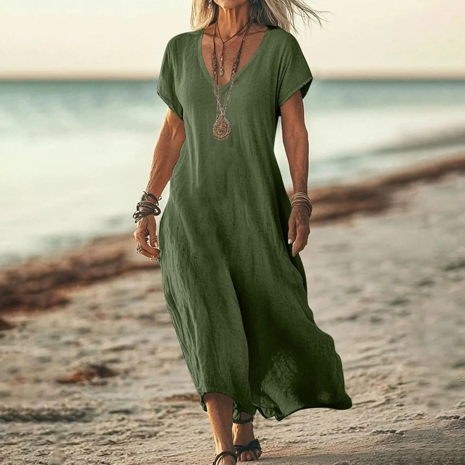 Casual Summer Dresses for Women 2025 V Neck Short Sleeve Solid Cotton Linen Dress