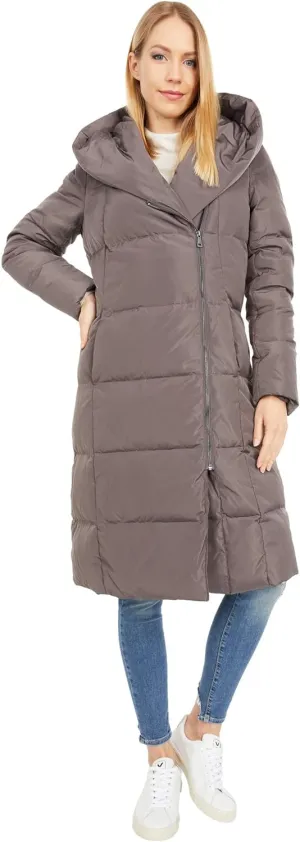 Cole Haan Women's Long Size Zip Hooded Quilted Down Coat