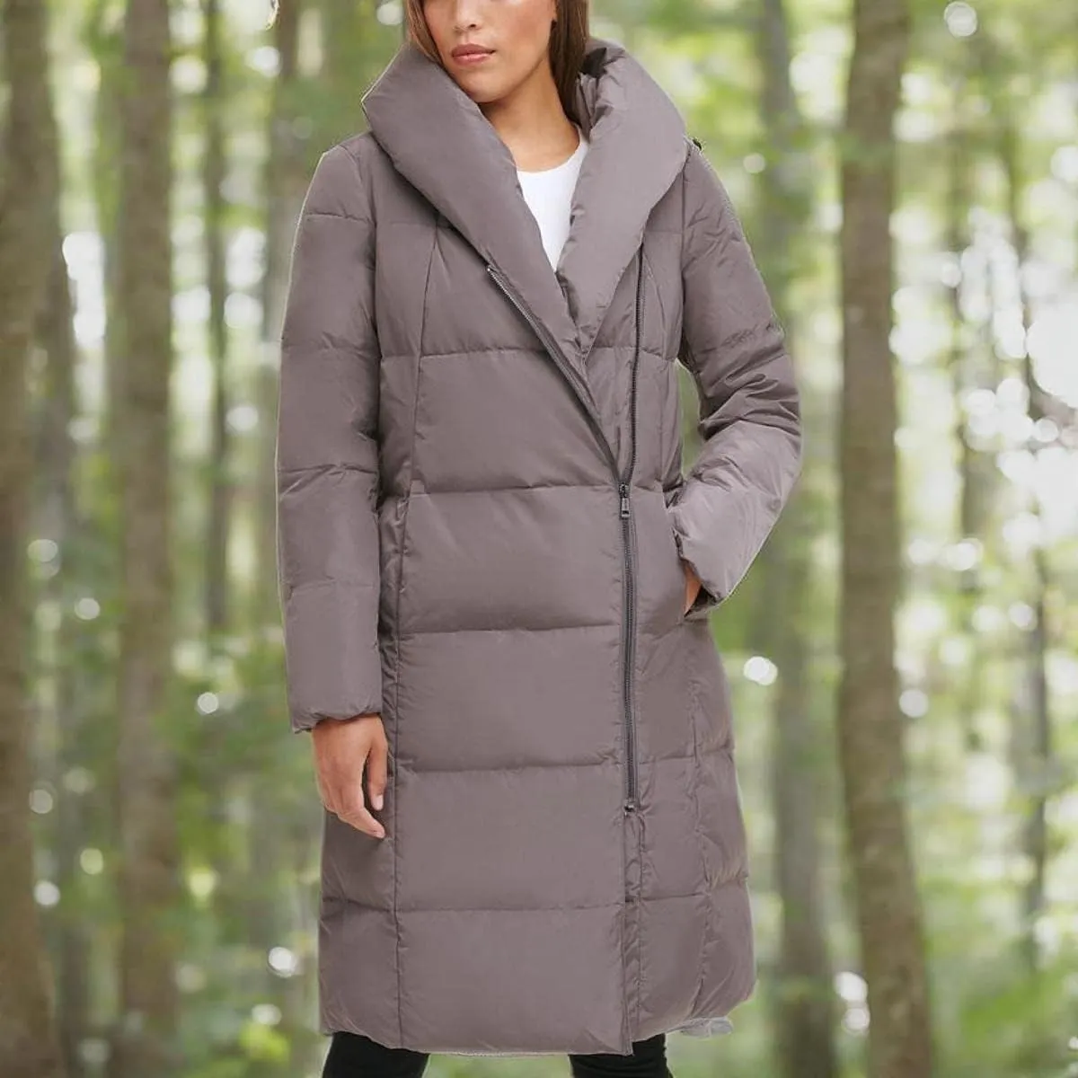 Cole Haan Women's Long Size Zip Hooded Quilted Down Coat