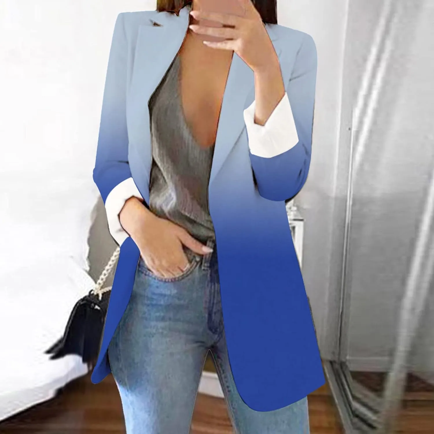 Collarless Blazer Jackets for Women Tweed Ladies Jacket Cropped Prtite Fancy Tops Fitted With Pockets Jackets