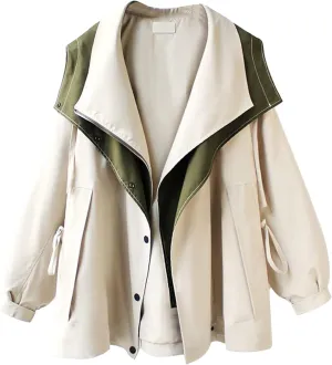 Costaric Women's Oversized Color Block Jacket Spring Autumn Casual Lapel Zip Jacket Long Sleeve Lightweight With Pockets Coat