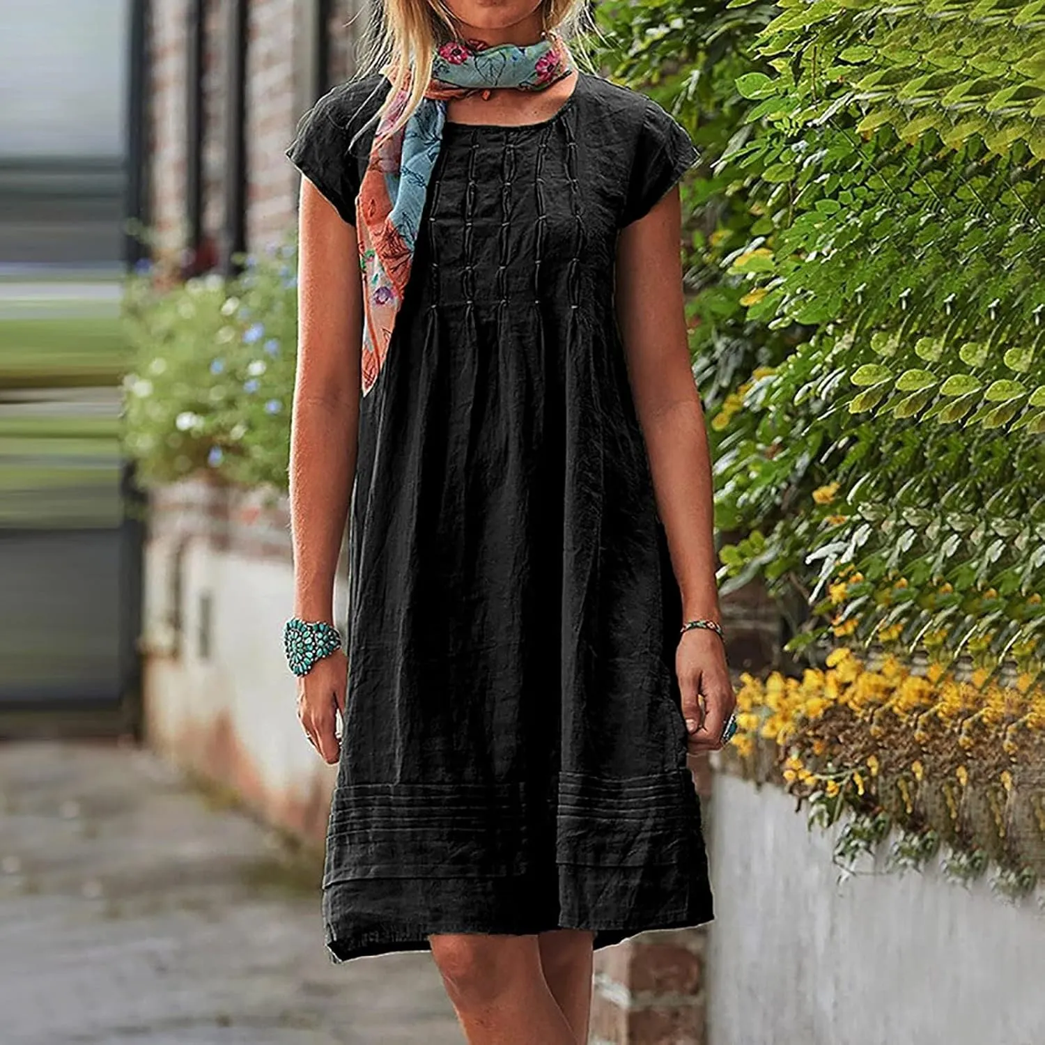 Cotton Linen Dress Women Pleated Summer Plus Size Dresses Casual Mini Dress Short Sleeve Beach Vacation Sundress