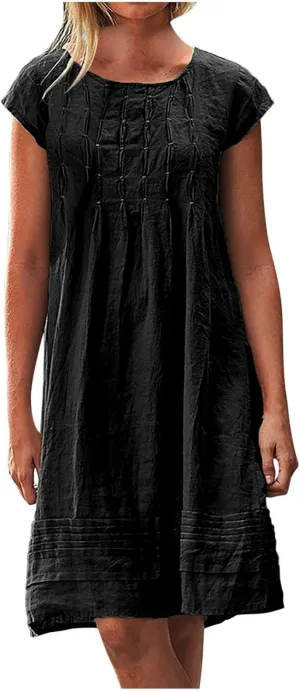 Cotton Linen Dress Women Pleated Summer Plus Size Dresses Casual Mini Dress Short Sleeve Beach Vacation Sundress