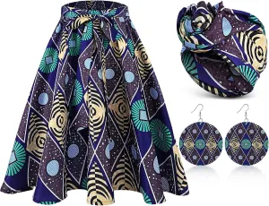 Coume 3 Pcs Women African Dashiki Skirt Traditional Costume African Bohemian Head Wrap Scarf Drop Dangle Earring