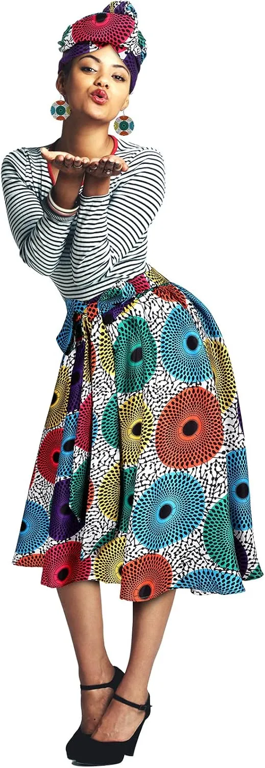 Coume 3 Pcs Women African Dashiki Skirt Traditional Costume African Bohemian Head Wrap Scarf Drop Dangle Earring