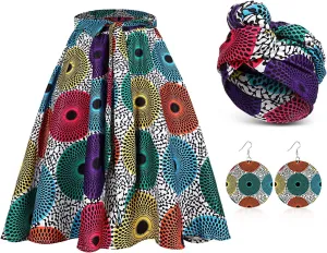 Coume 3 Pcs Women African Dashiki Skirt Traditional Costume African Bohemian Head Wrap Scarf Drop Dangle Earring