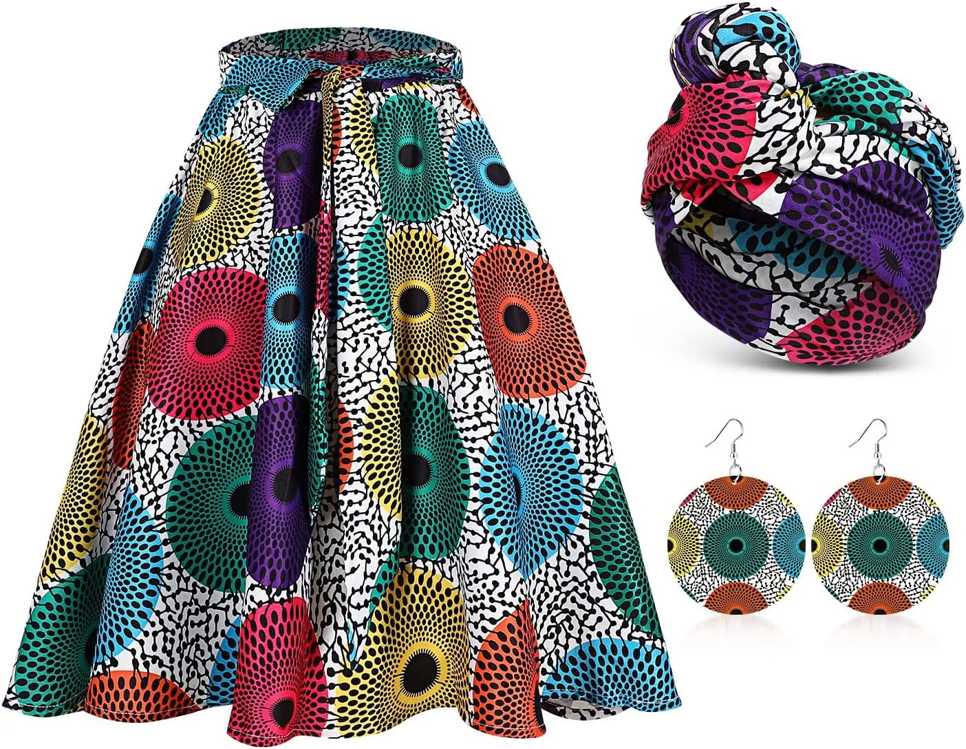 Coume 3 Pcs Women African Dashiki Skirt Traditional Costume African Bohemian Head Wrap Scarf Drop Dangle Earring