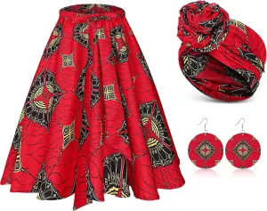 Coume 3 Pcs Women African Dashiki Skirt Traditional Costume African Bohemian Head Wrap Scarf Drop Dangle Earring