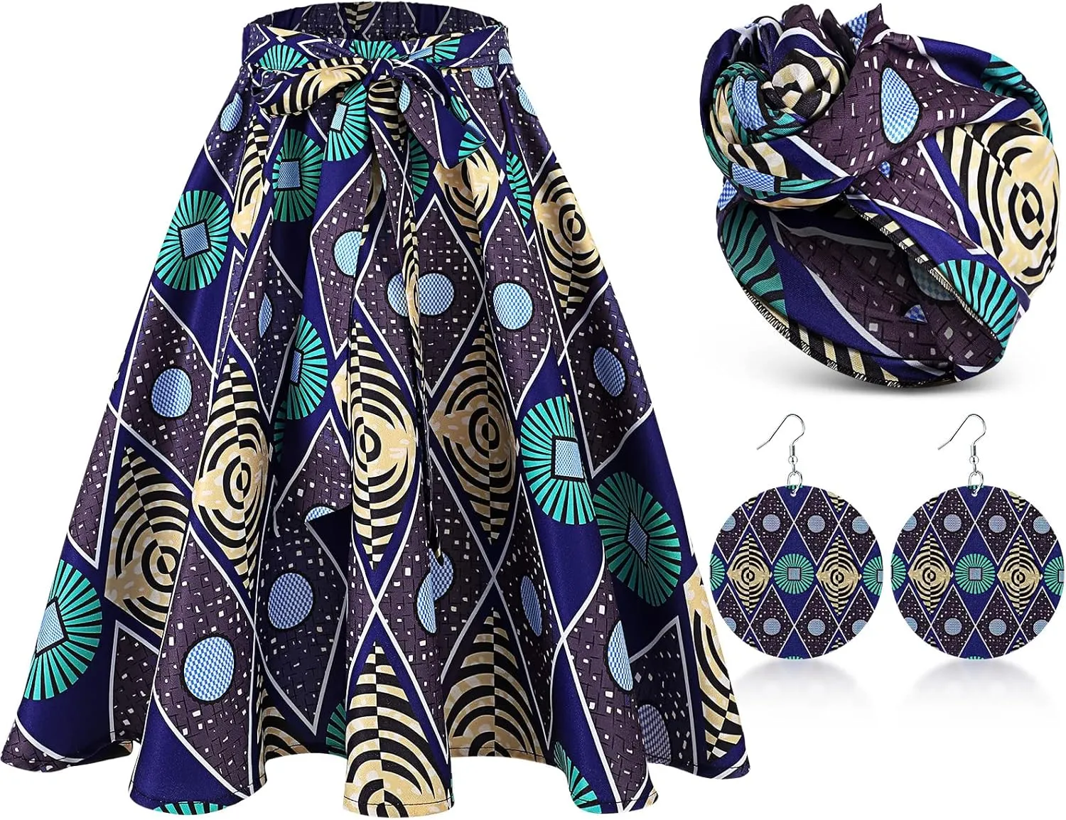 Coume 3 Pcs Women African Dashiki Skirt Traditional Costume African Bohemian Head Wrap Scarf Drop Dangle Earring