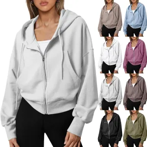 Cropped Zip Up Hoodie Women Fleece Jacket Y2k Oversized Sweatshirt Casual Loose Fit Crop Hoodie Workout Coats