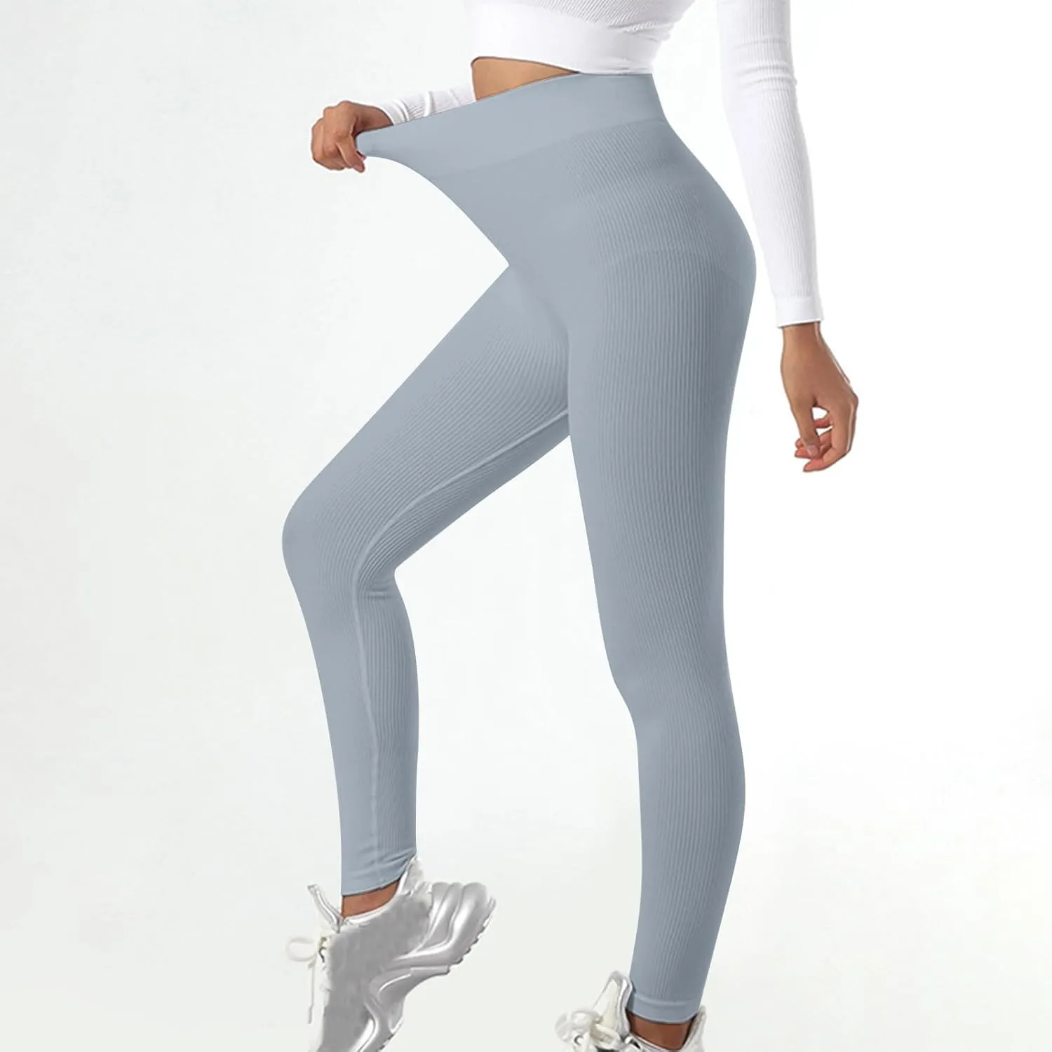 DASAYO Women's Gym Leggings Tummy Control Stretchy High Waisted Ribbed Yoga Pants Full Length Exercise Workout Bottoms