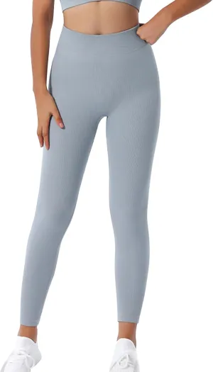 DASAYO Women's Gym Leggings Tummy Control Stretchy High Waisted Ribbed Yoga Pants Full Length Exercise Workout Bottoms