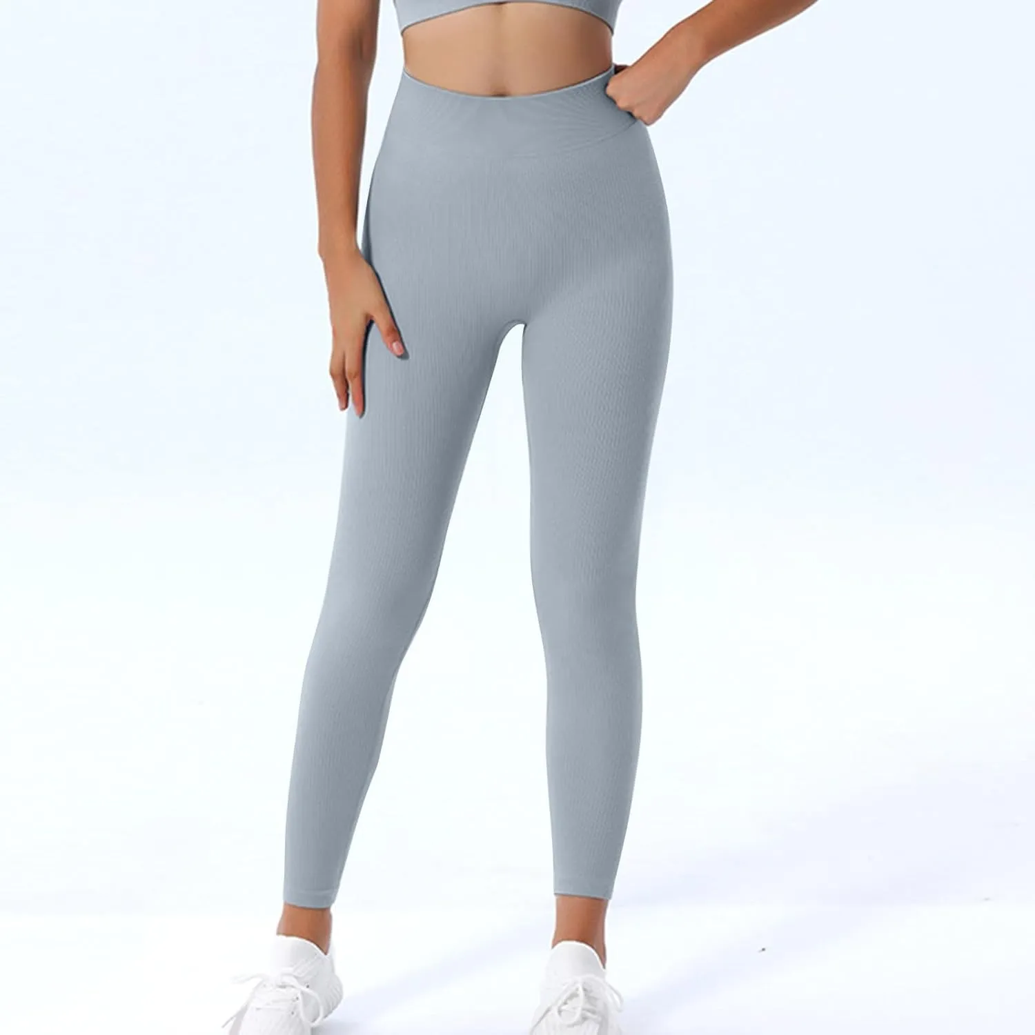 DASAYO Women's Gym Leggings Tummy Control Stretchy High Waisted Ribbed Yoga Pants Full Length Exercise Workout Bottoms